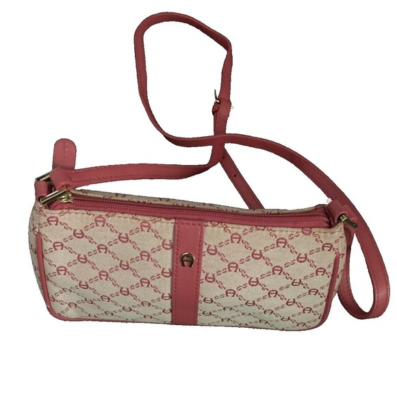 Vintage Etienne Aigner Pink Beige Canvas Leather Signature Logo Crossbody Purse - Picture 1 of 14